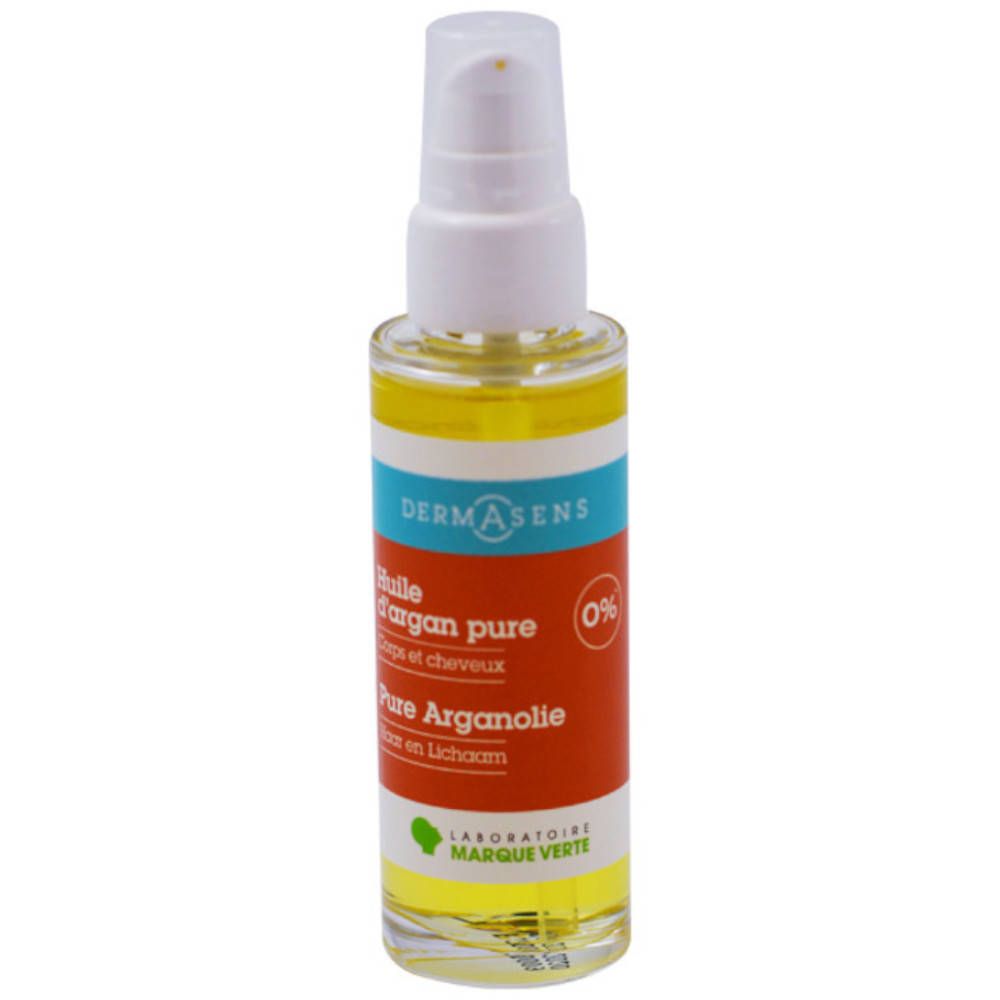 Transparante olie in fles met sproeikop. Opschrift: DermAsens Huile d'Argan pure.