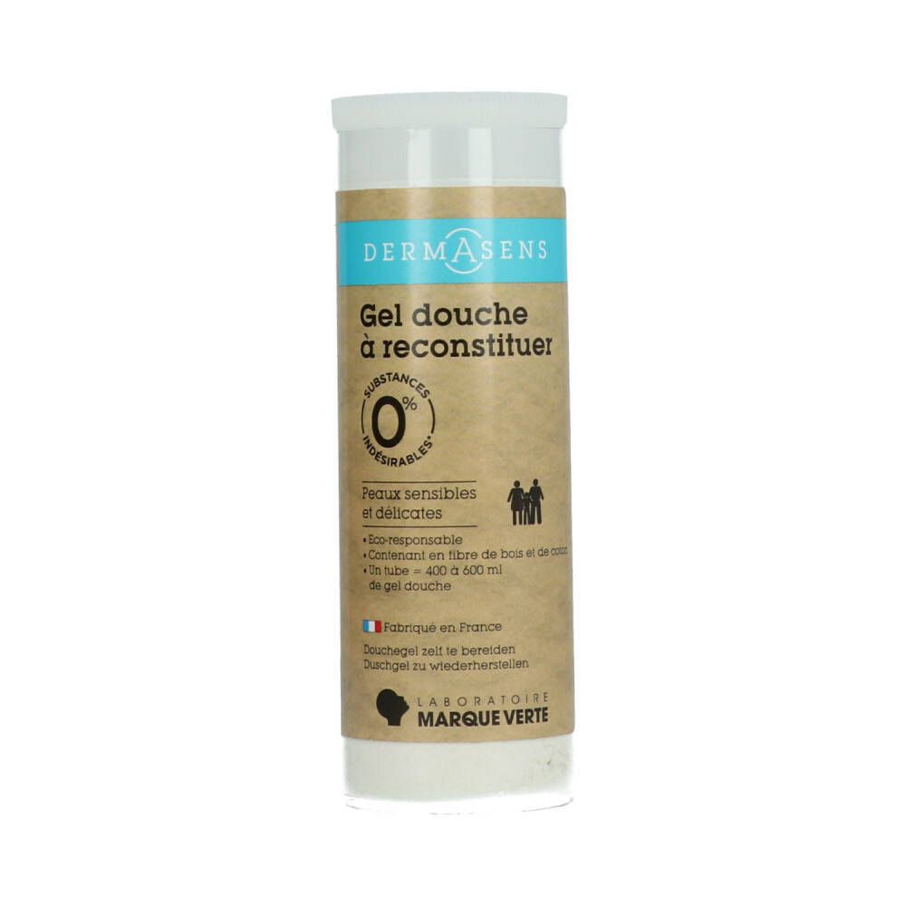 Cilindrische tube met witte dop. Opschrift: DermAsens, Gel douche à reconstituer. Merk: Marque Verte.