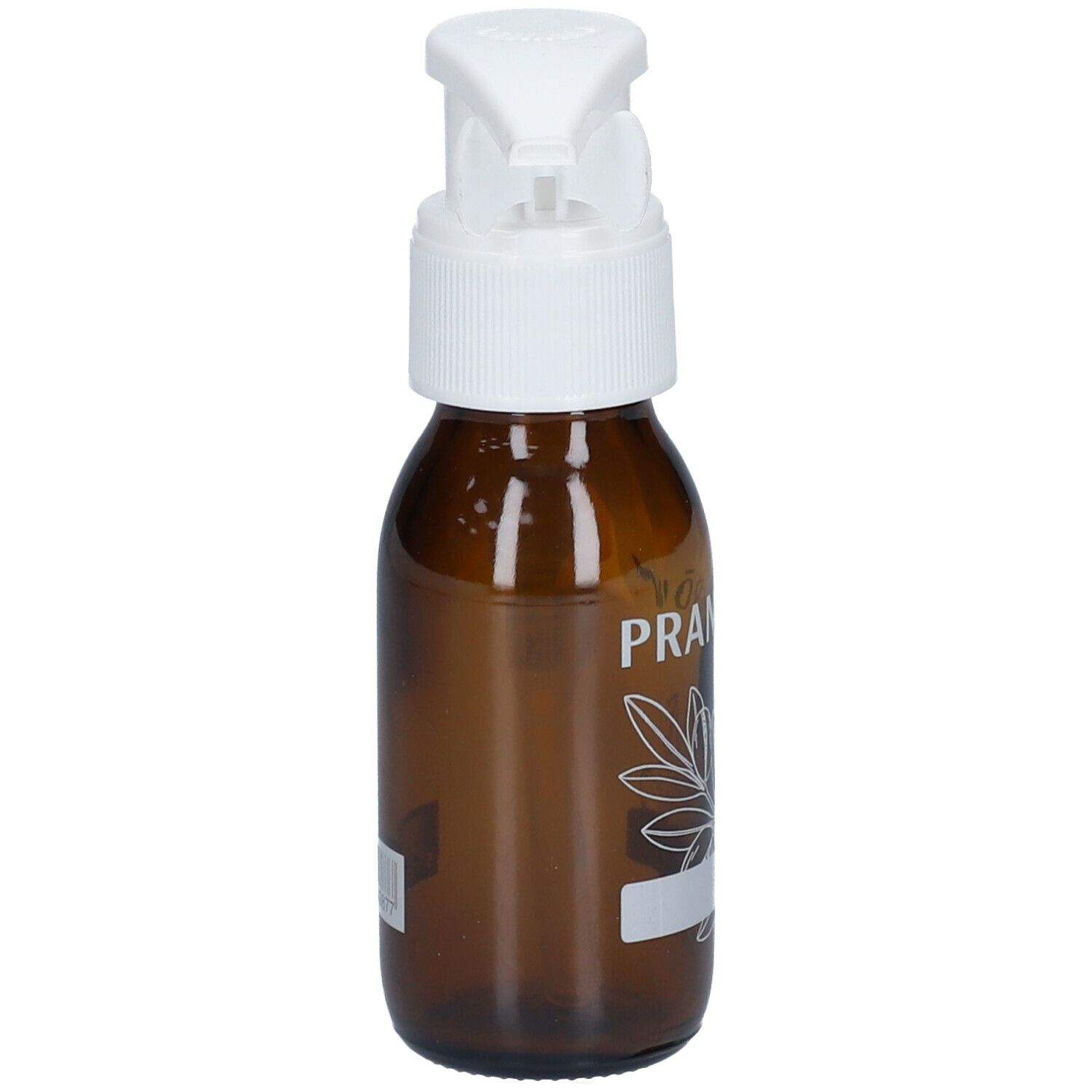 Bruine glazen fles met witte pomp. Opschrift: PRANARÔM. Met bloemmotief en leeg etiket.