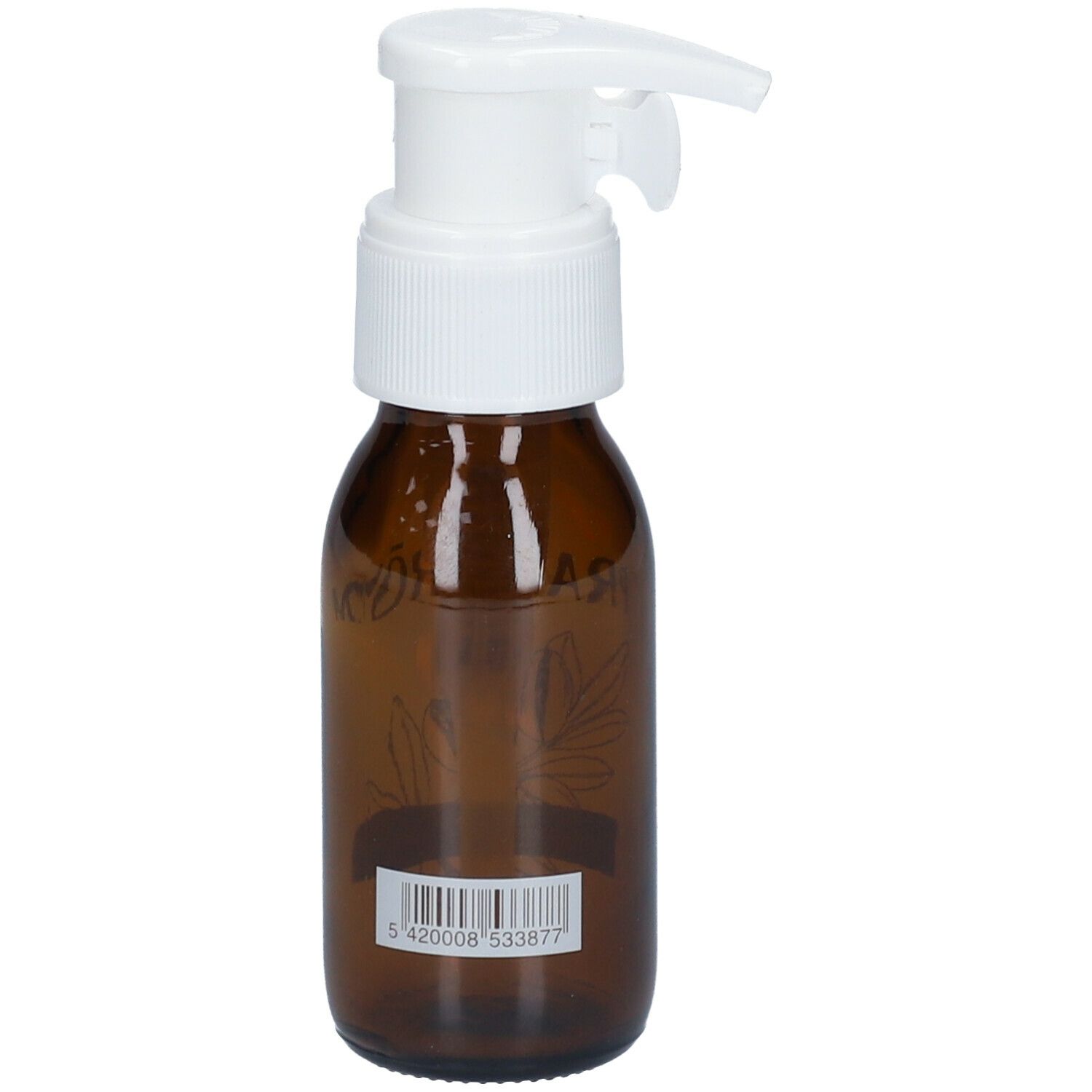 Bruine glazen fles met witte pomp. Opschrift: PRANARÔM. Met bloemmotief en leeg etiket. Barcode.