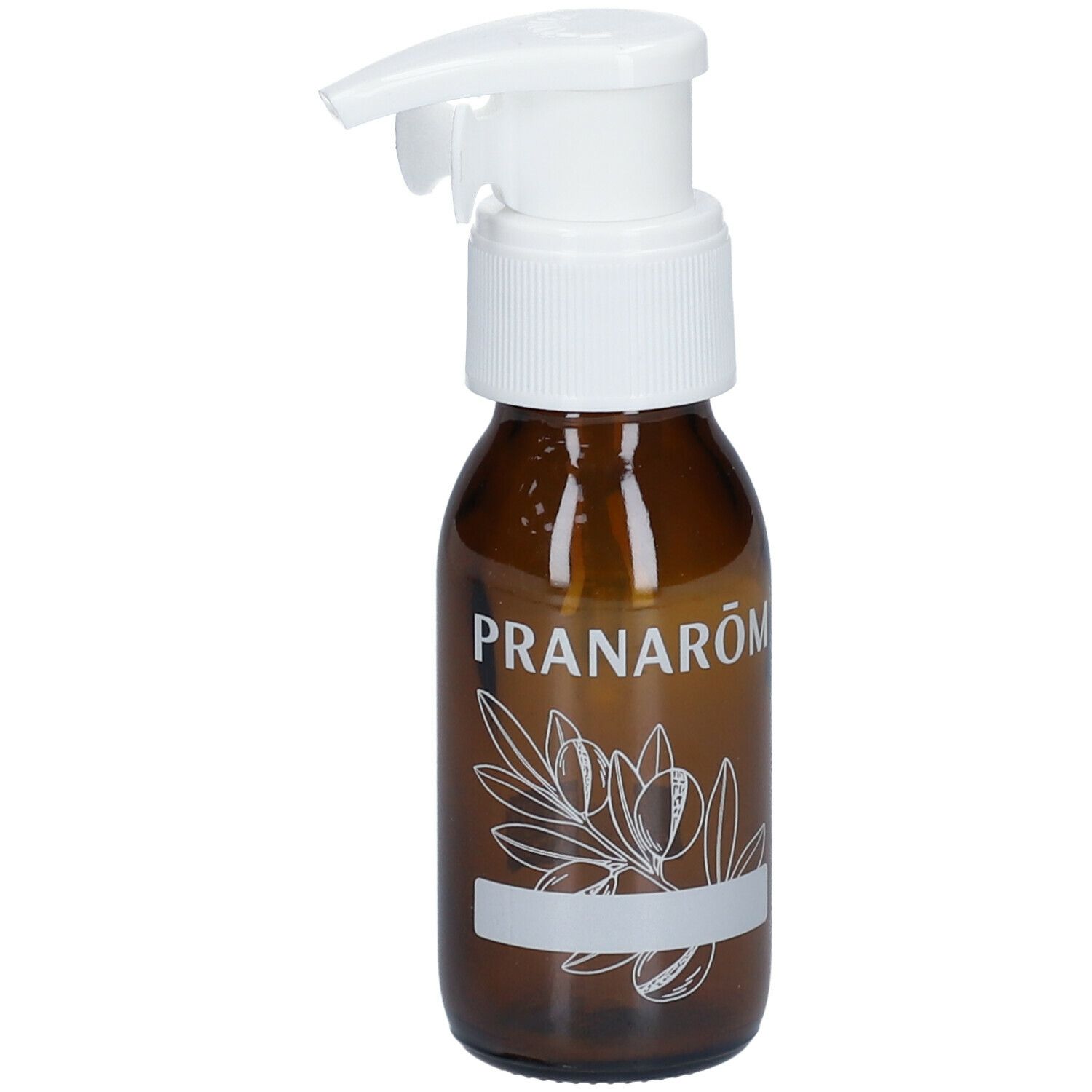 Bruine glazen fles met witte pomp. Opschrift: PRANARÔM. Met bloemmotief en leeg etiket.