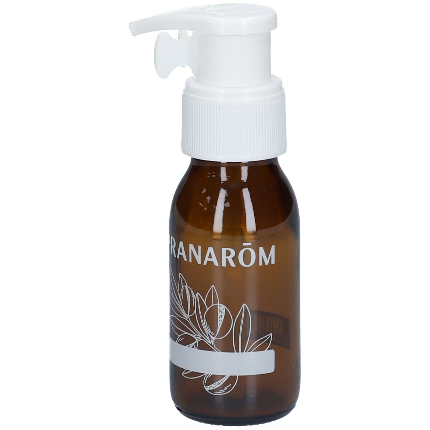 Bruine glazen fles met witte pomp. Opschrift: PRANARÔM. Met bloemmotief en leeg etiket.