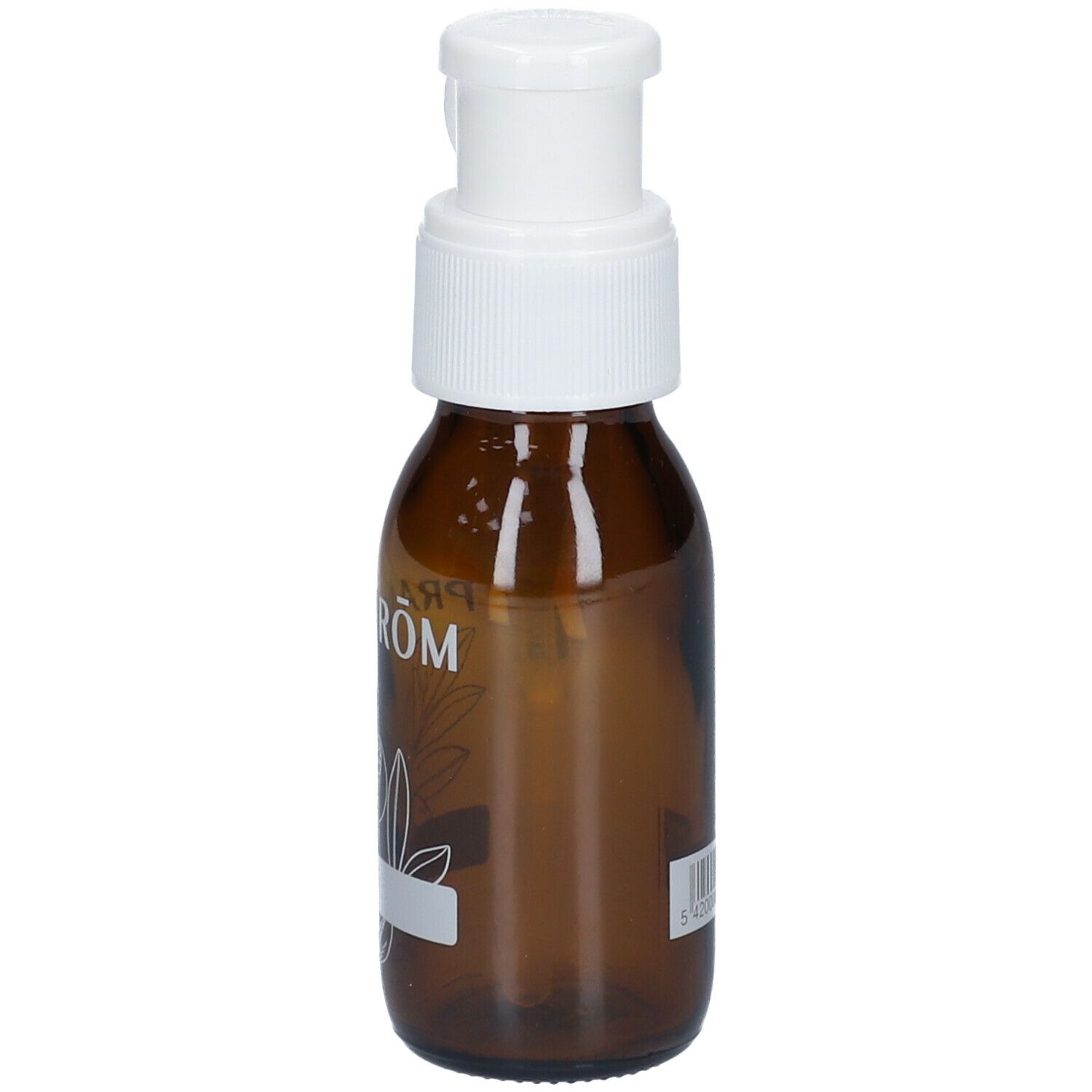 Bruine glazen fles met witte pomp. Opschrift: PRANARÔM. Met bloemmotief en leeg etiket.