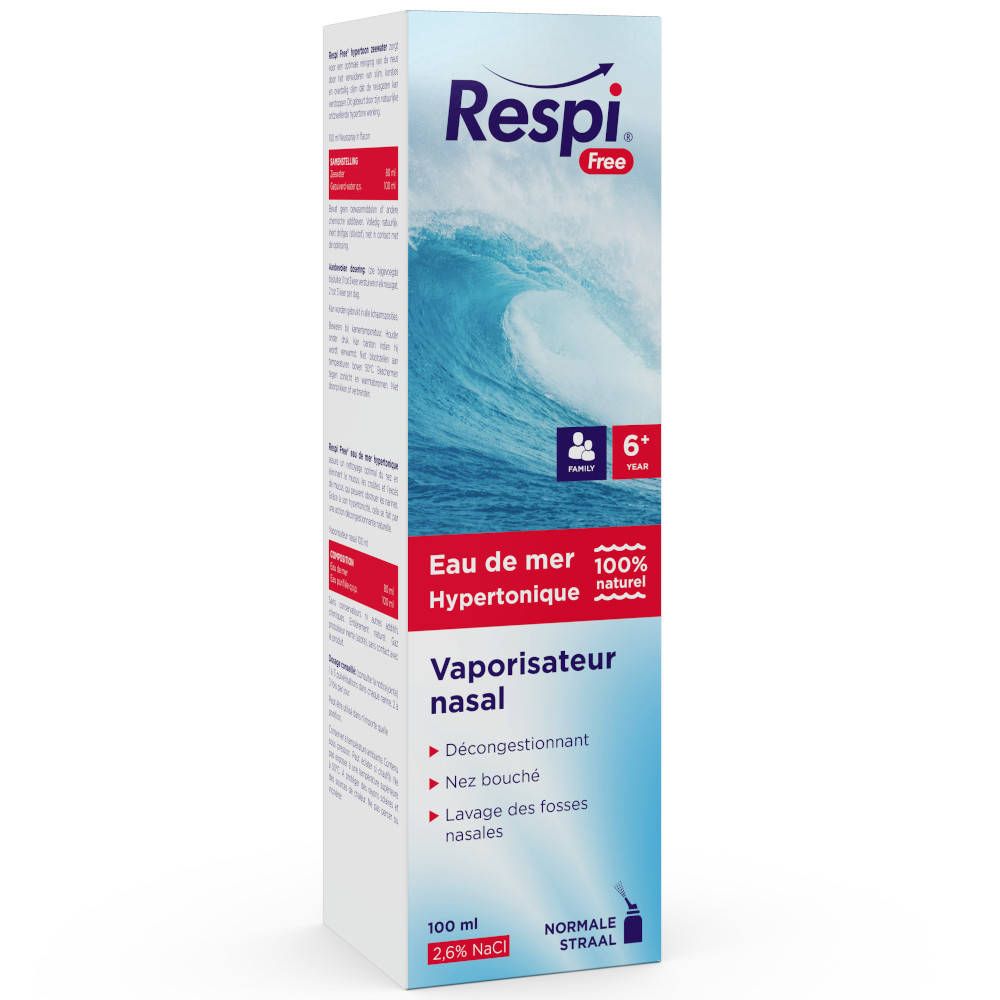 Boîte Respi Free, vague bleue, texte: Eau de mer Hypertonique, Vaporisateur nasal, 100 ml, 2.6% NaCl.