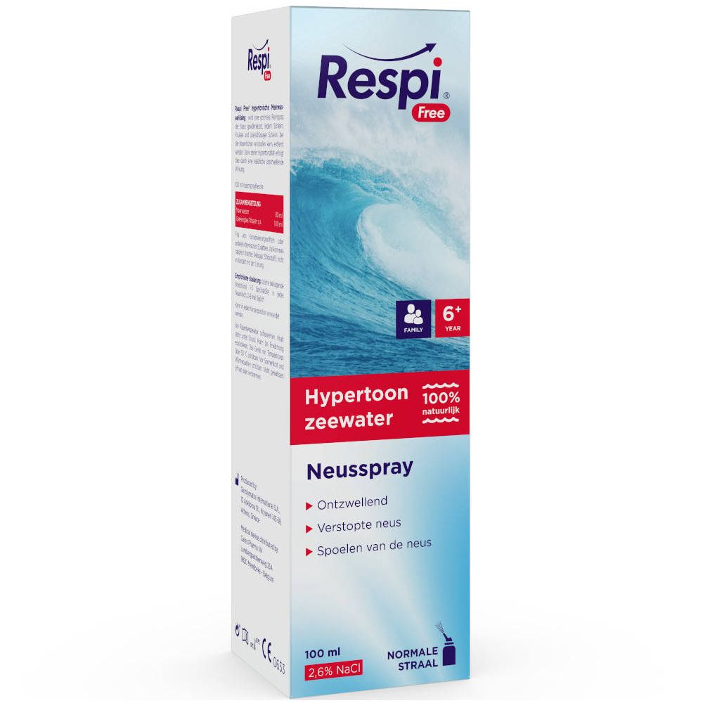 Boîte Respi Free, vague bleue, texte: Hypertoon zeewater, Neusspray, 100 ml, 2.6% NaCl.