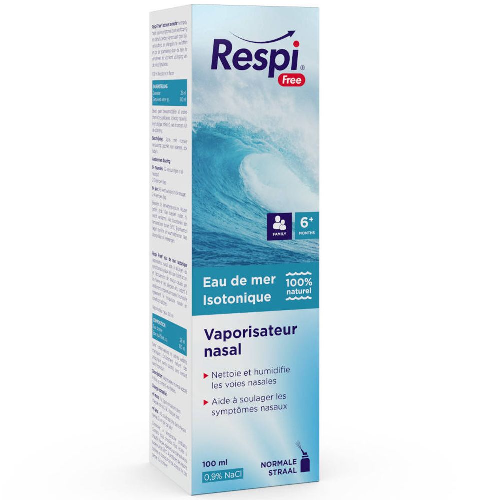 Blauw-witte doos met productinfo. Golfmotief. Tekst: Respi Free, Eau de mer isotonique, 100 ml.