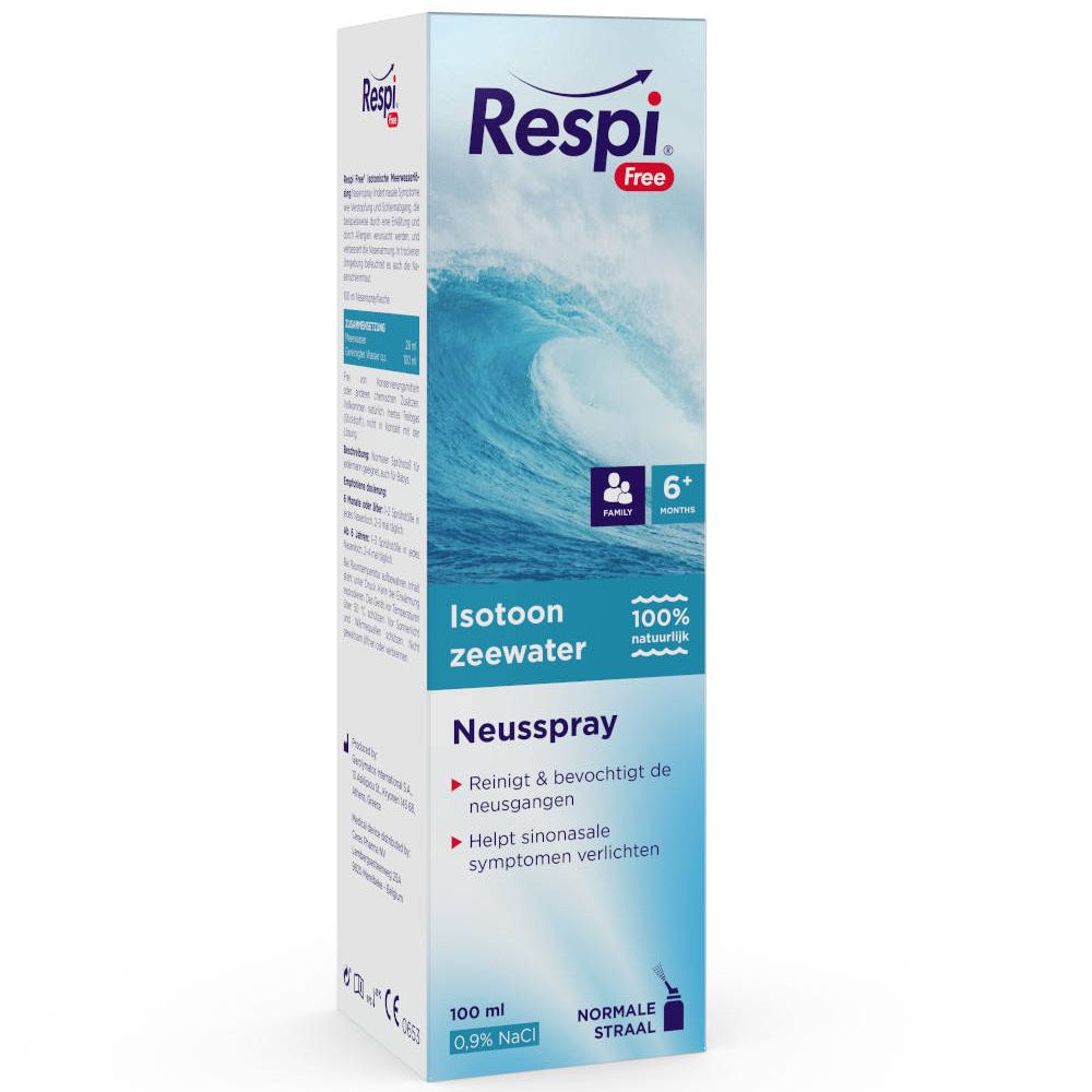 Blauw-witte doos met productinfo. Golfmotief. Tekst: Respi Free, Isotonisch zeewater, 100 ml.