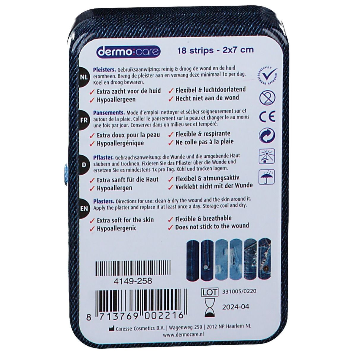 Verpakking pleisters dermo:care. 18 stuks, 2x7 cm. Eigenschappen: extra zacht, flexibel, ademend, hypoallergeen. CE-markering.