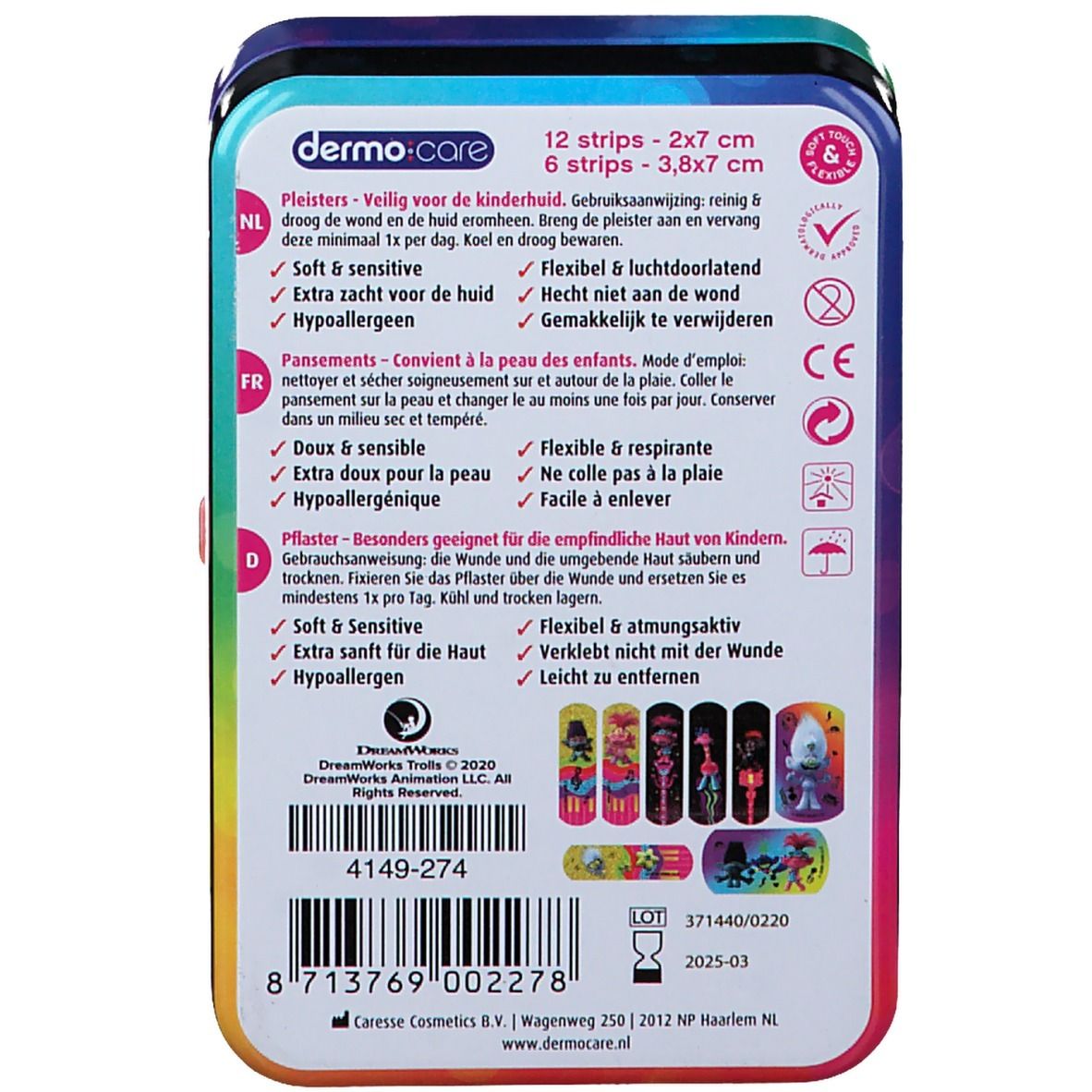 Metalen doosje met pleisters. Opschrift: dermo-care. Bevat 12 strips 2x7 cm en 6 strips 3,8x7 cm. Met CE-markering.