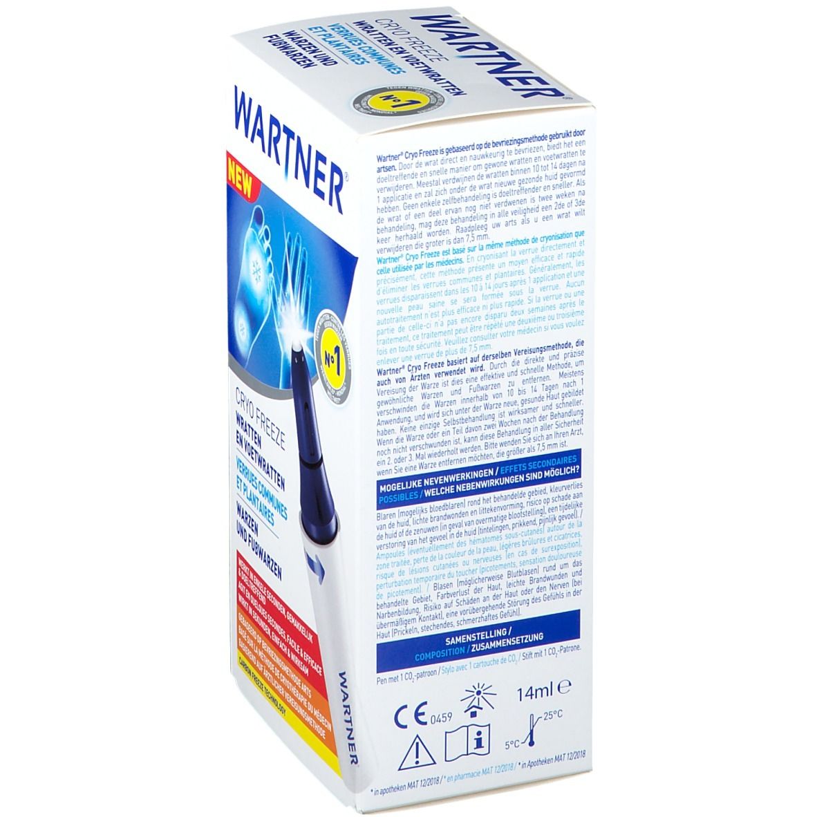 Zijaanzicht van de Wartner Cryo Freeze verpakking. Bevat tekst in meerdere talen, inclusief productinformatie.