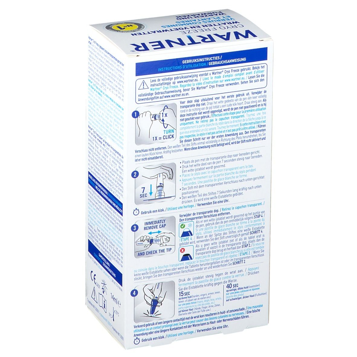 Achterkant van de Wartner Cryo Freeze verpakking. Toont instructies en illustraties voor het gebruik van het product.