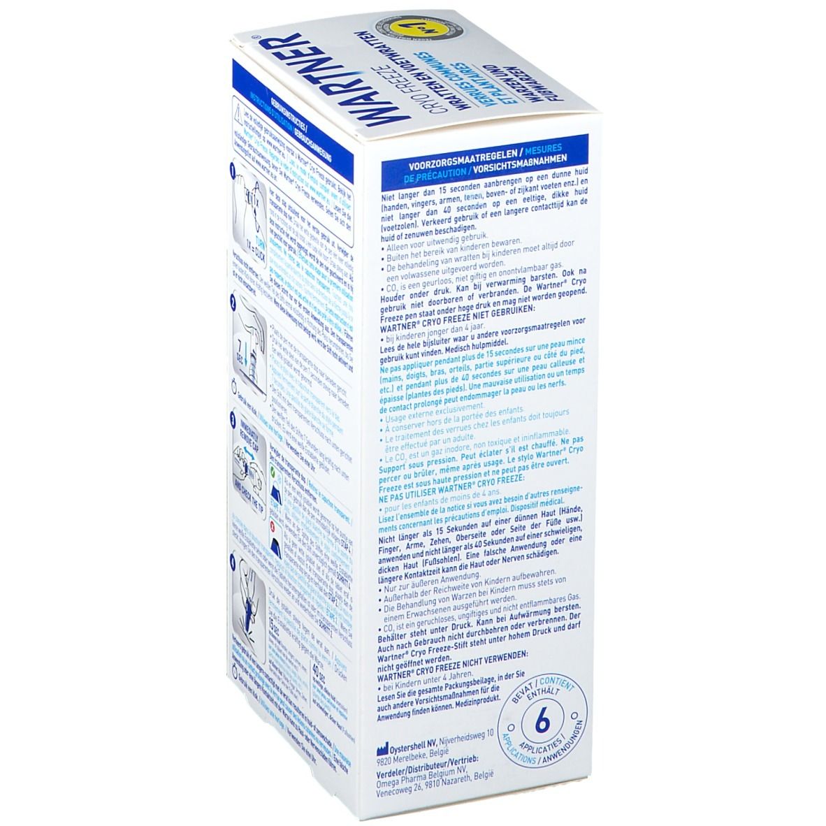 Zijkant van de Wartner Cryo Freeze verpakking met voorzorgsmaatregelen en meer informatie over het product.
