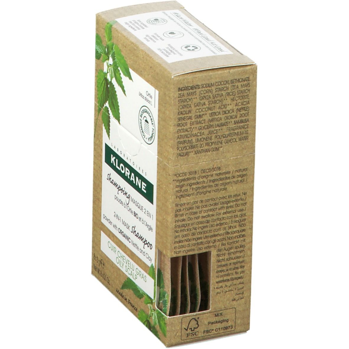 Kartonnen verpakking met productinfo. Bevat ingrediënten en gebruiksaanwijzing. FSC-gecertificeerd papier.