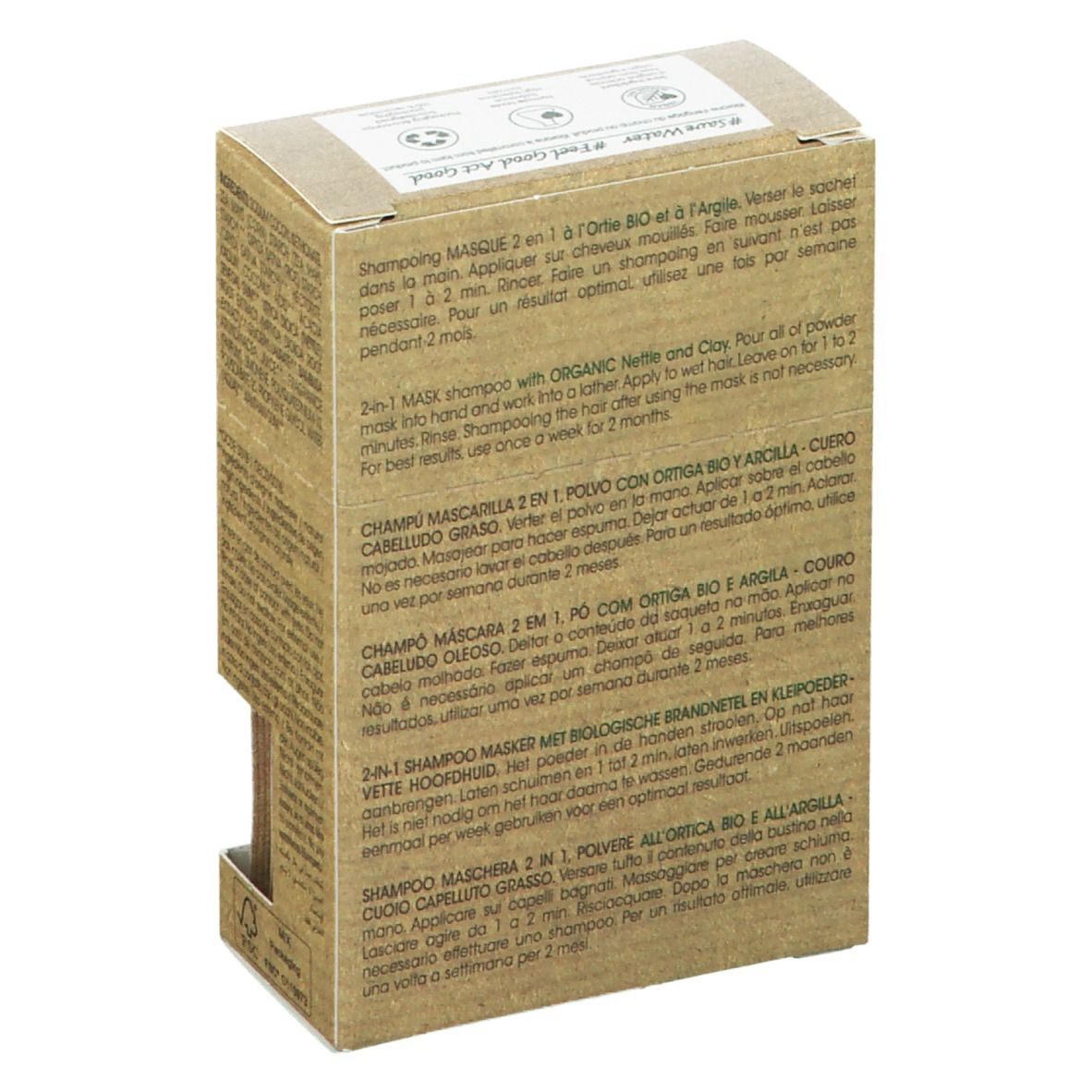 Achterkant van de Klorane shampoo verpakking. Tekst in meerdere talen. Bevat gebruiksaanwijzing.