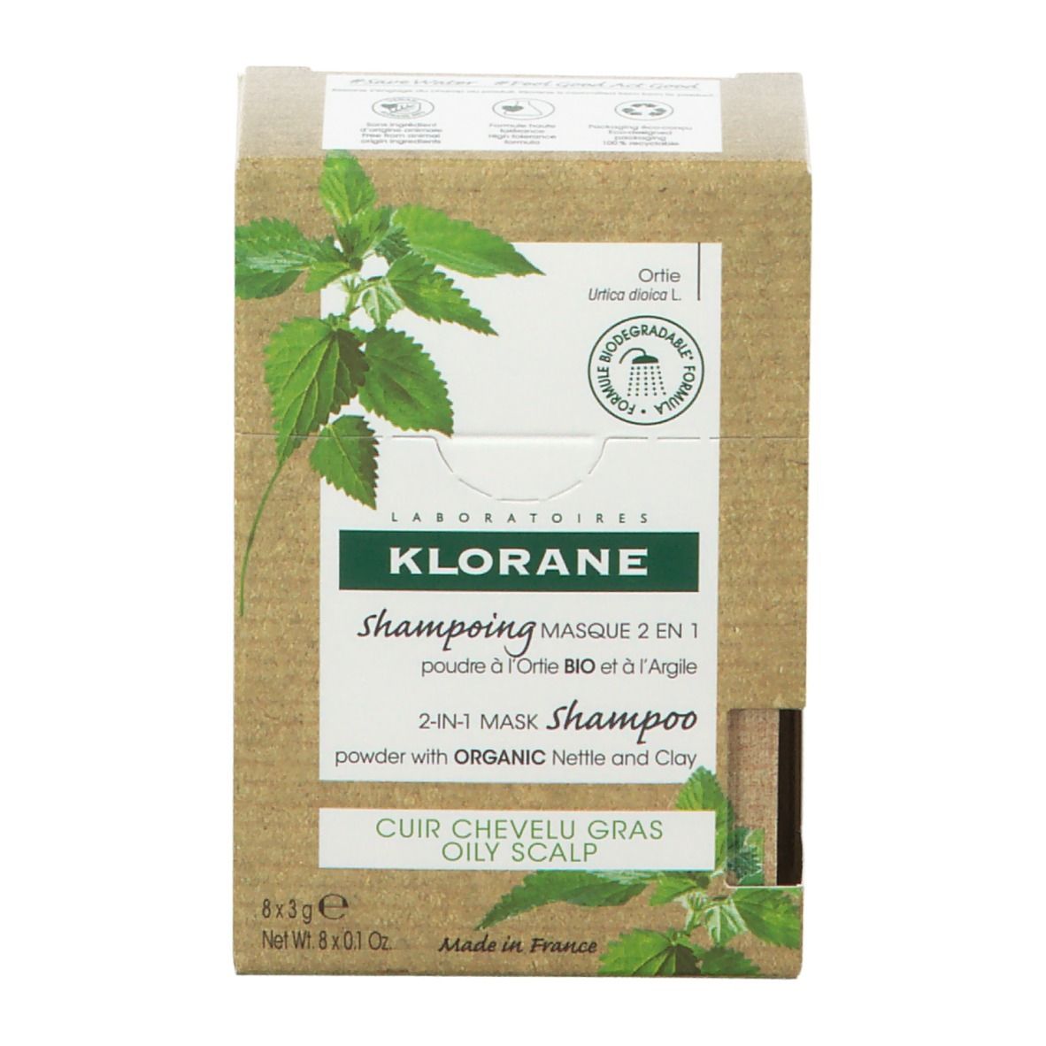 Klorane shampoo verpakking. Voorkant met productnaam, ingrediënten en illustratie. Bevat 8 shampoo sticks.