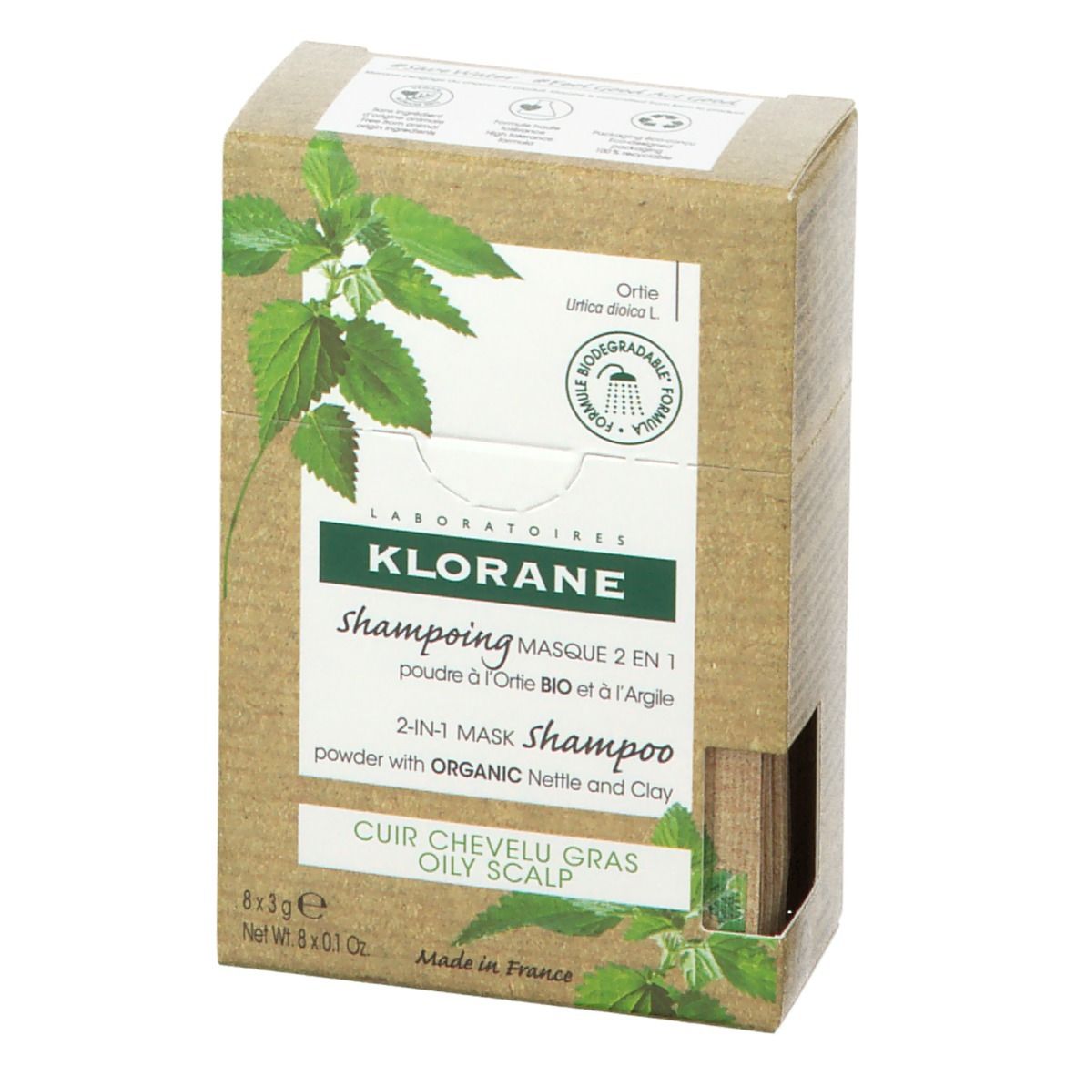 Klorane shampoo verpakking. Voorkant met productnaam, ingrediënten en illustratie. Bevat 8 shampoo sticks.