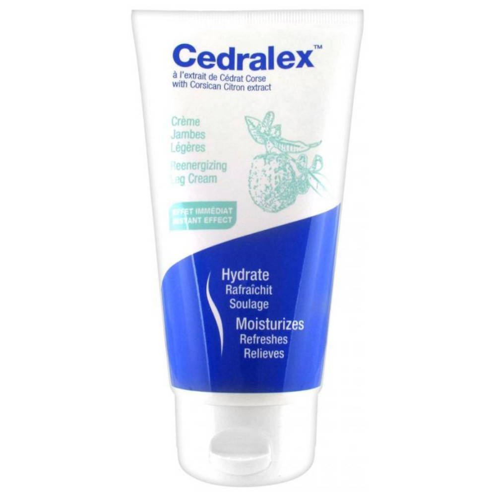 Weiße Tube mit blauem Streifen. Cedralex-Logo und Produktbezeichnung. Enthält Corsican Zitronenextrakt. Hydratisiert, erfrischt, lindert.