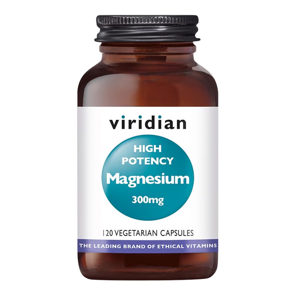 Flacon en verre brun avec bouchon noir. Étiquette "Viridian High Potency Magnesium 300mg". 120 capsules.