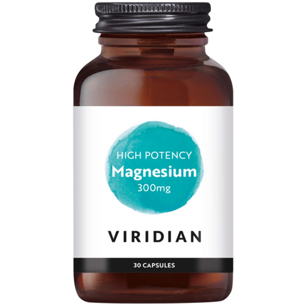 Flacon en verre brun avec étiquette blanche. L'étiquette indique "High Potency Magnesium 300mg" et "Viridian". 30 gélules.