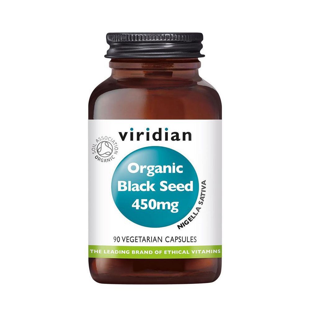 Braune Glasflasche mit schwarzem Deckel. Etikett mit "viridian", "Organic Black Seed 450mg" und "90 vegetarian capsules".