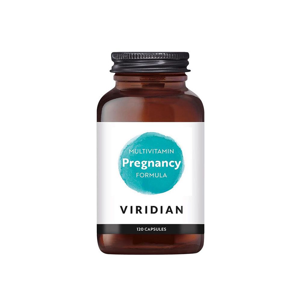 Flacon en verre brun avec bouchon noir. Étiquette "Multivitamin Pregnancy Formula" et "Viridian". Contient 120 gélules.