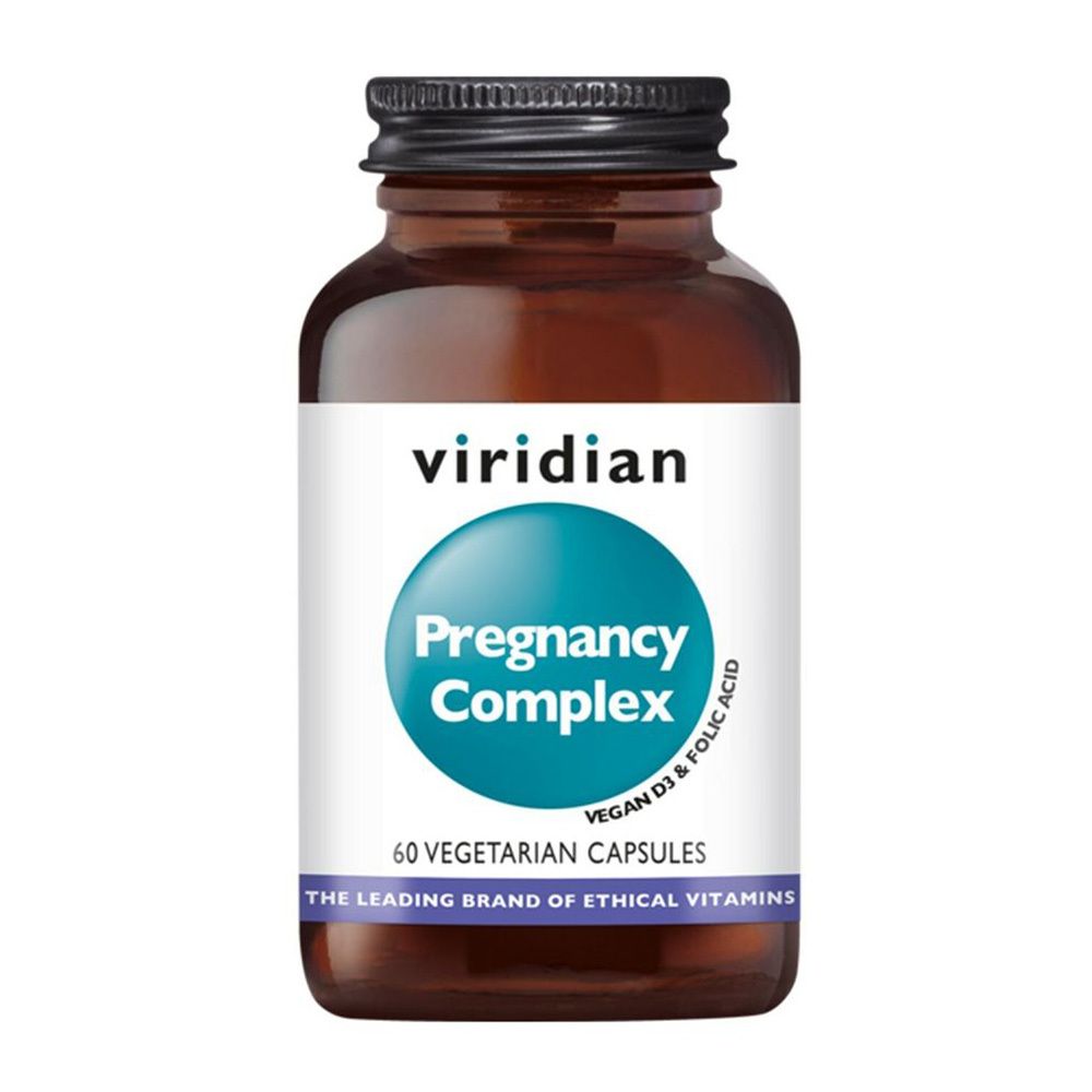 Flacon en verre brun avec bouchon noir. Étiquette "Pregnancy Complex" et "60 VEGETARIAN CAPSULES". Marque : Viridian.