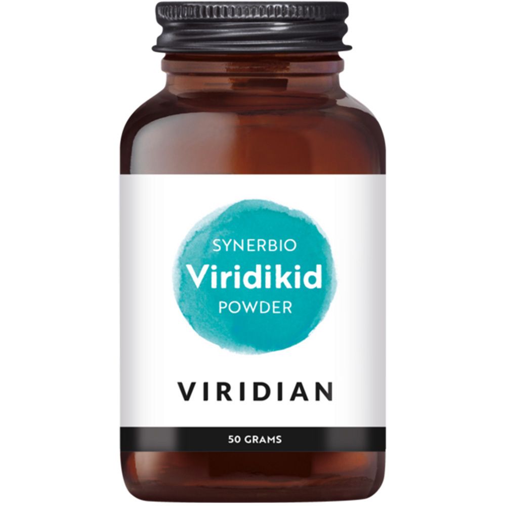 Flacon en verre brun avec couvercle noir. Étiquette avec "Synerbio Viridikid Powder" et "Viridian". "50 Grams" en bas.
