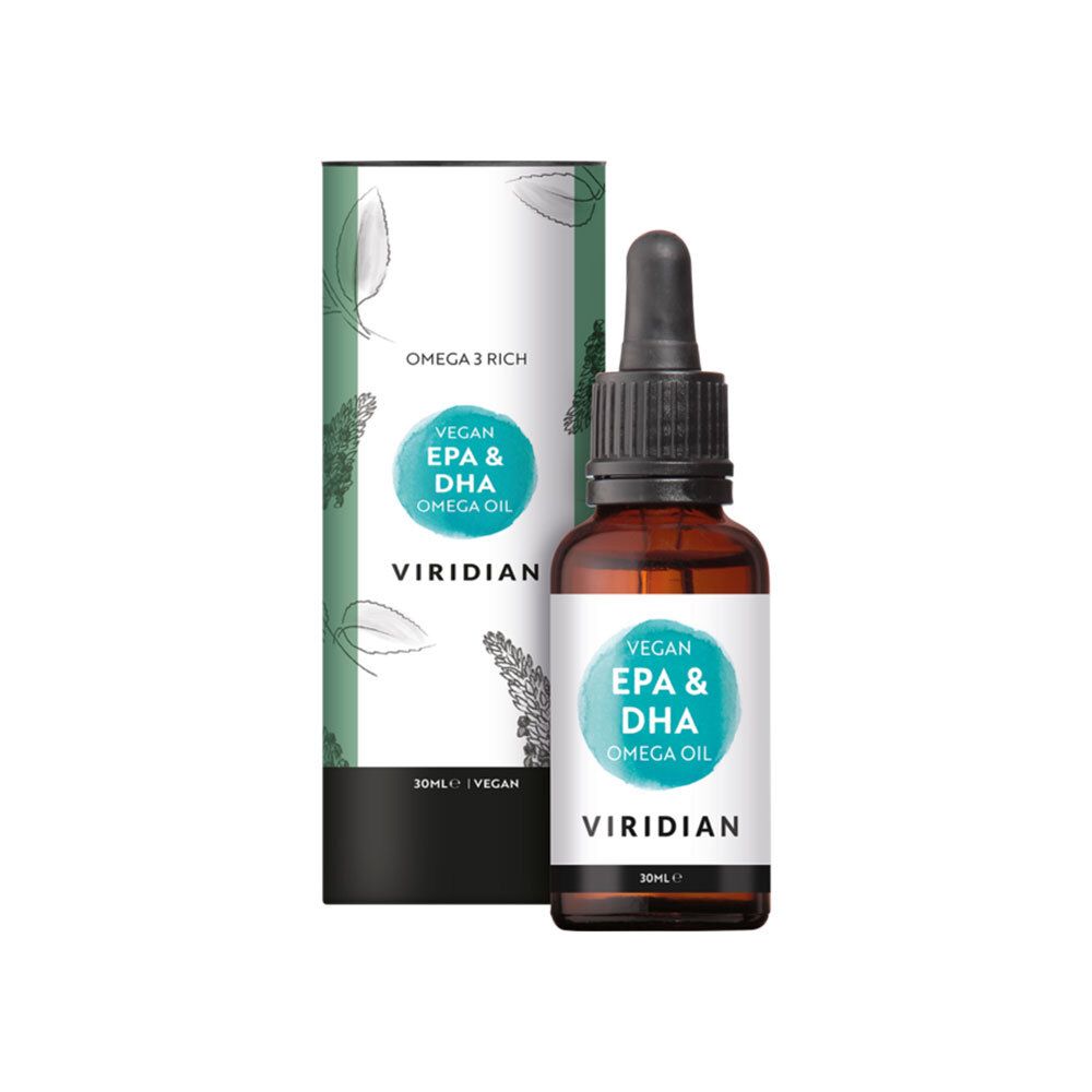 Flacon en verre brun avec pipette et boîte. Inscription : Vegan EPA & DHA Omega Oil. Marque : Viridian.