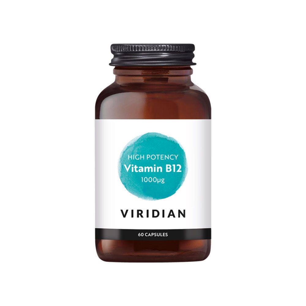 Braune Glasflasche mit schwarzem Deckel. Etikett mit blauem Kreis und Text: High Potency Vitamin B12 1000µg. Marke: Viridian. 60 Kapseln.