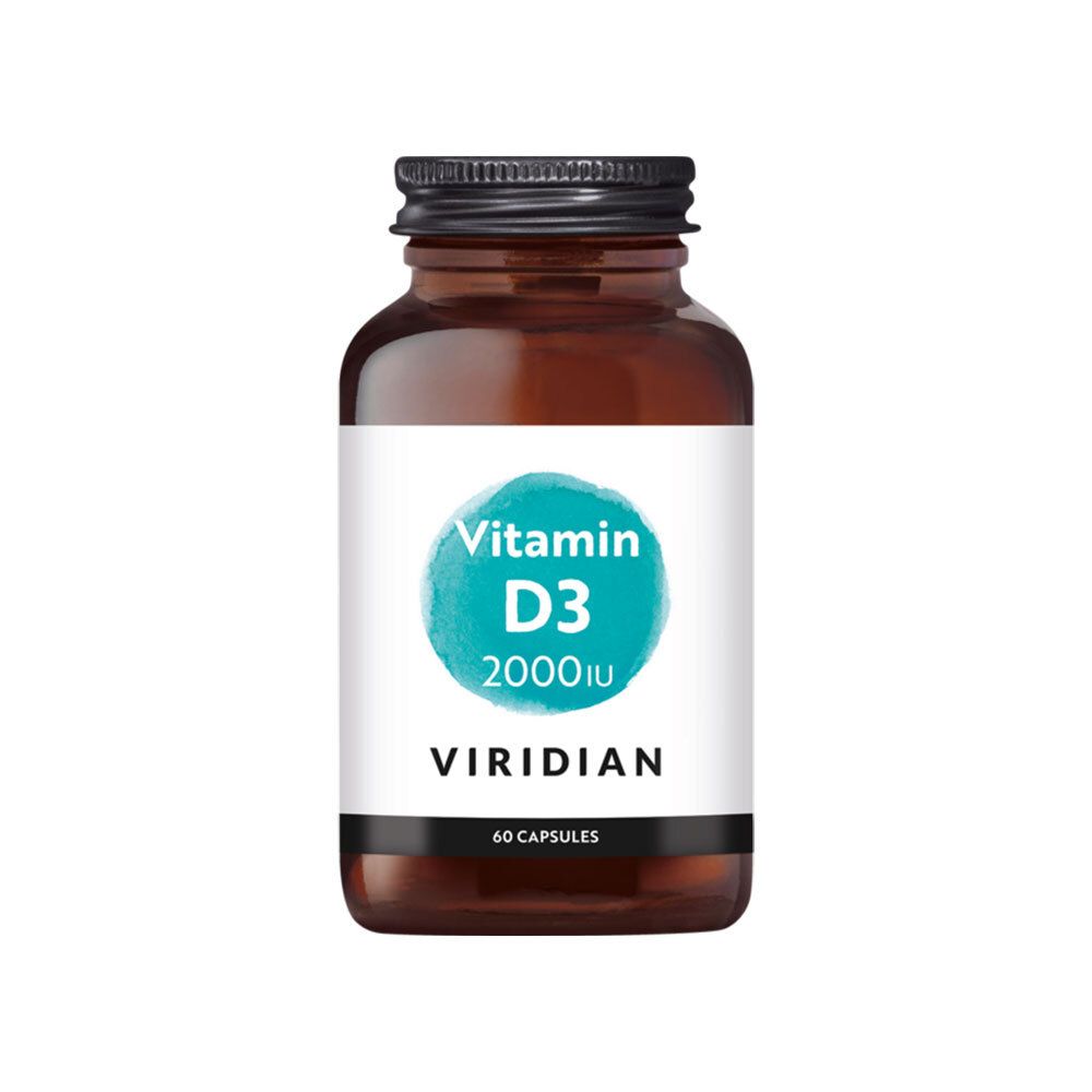 Flacon en verre brun avec bouchon noir. Étiquette avec cercle bleu, texte: Vitamin D3 2000iu, Viridian, 60 capsules.