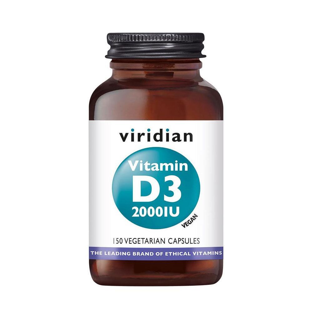 Flacon en verre brun avec couvercle noir. Étiquette "Viridian Vitamin D3 2000IU". 150 capsules, vegan.