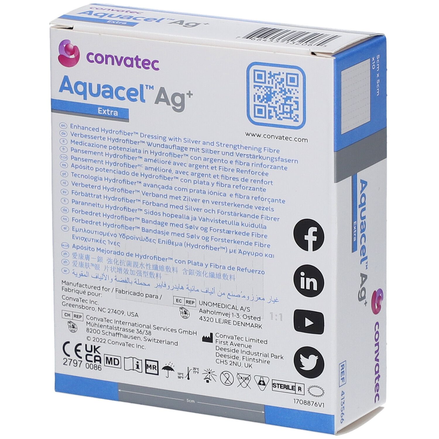 Rückseite der Verpackung von Aquacel™ Ag+ Extra™. Mehrsprachige Produktinformationen und Logos.