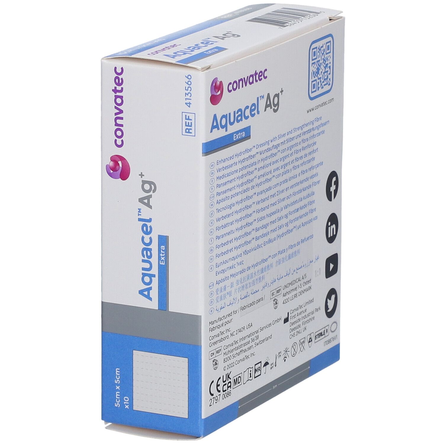 Schräg gestellte Verpackung von Aquacel™ Ag+ Extra™. Rückseite mit Produktinformationen.