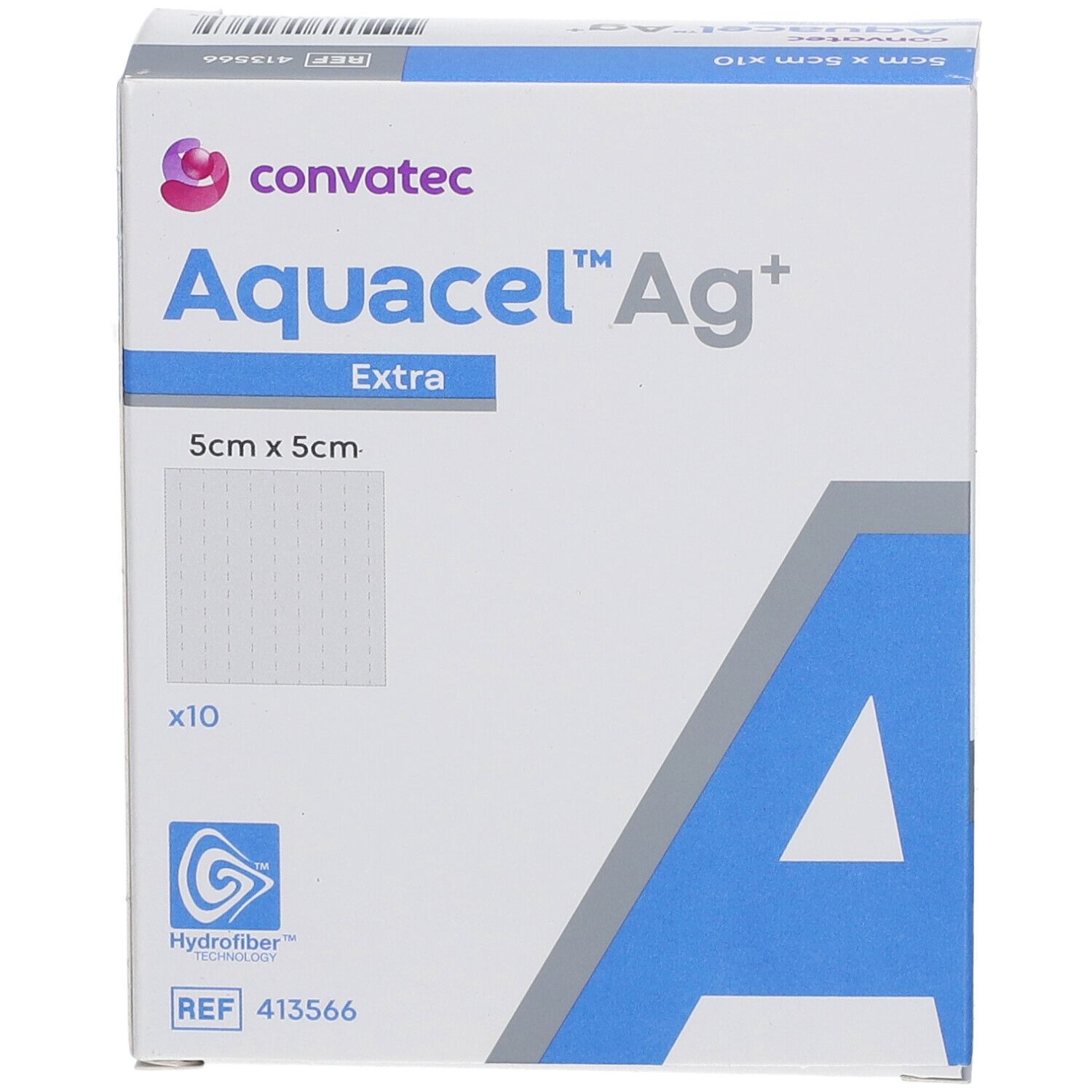 Verpackung von Aquacel™ Ag+ Extra™, 5cm x 5cm. Enthält 10 Stück. Marke Convatec.