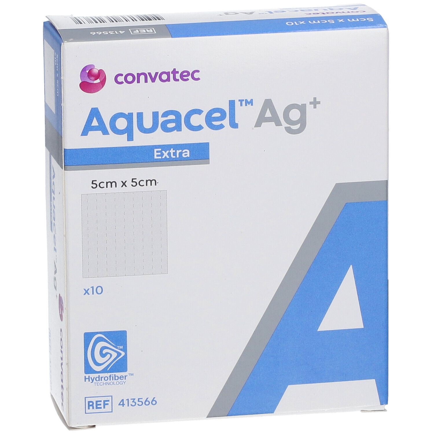 Verpackung von Aquacel™ Ag+ Extra™, 5cm x 5cm. Enthält 10 Stück. Marke Convatec.