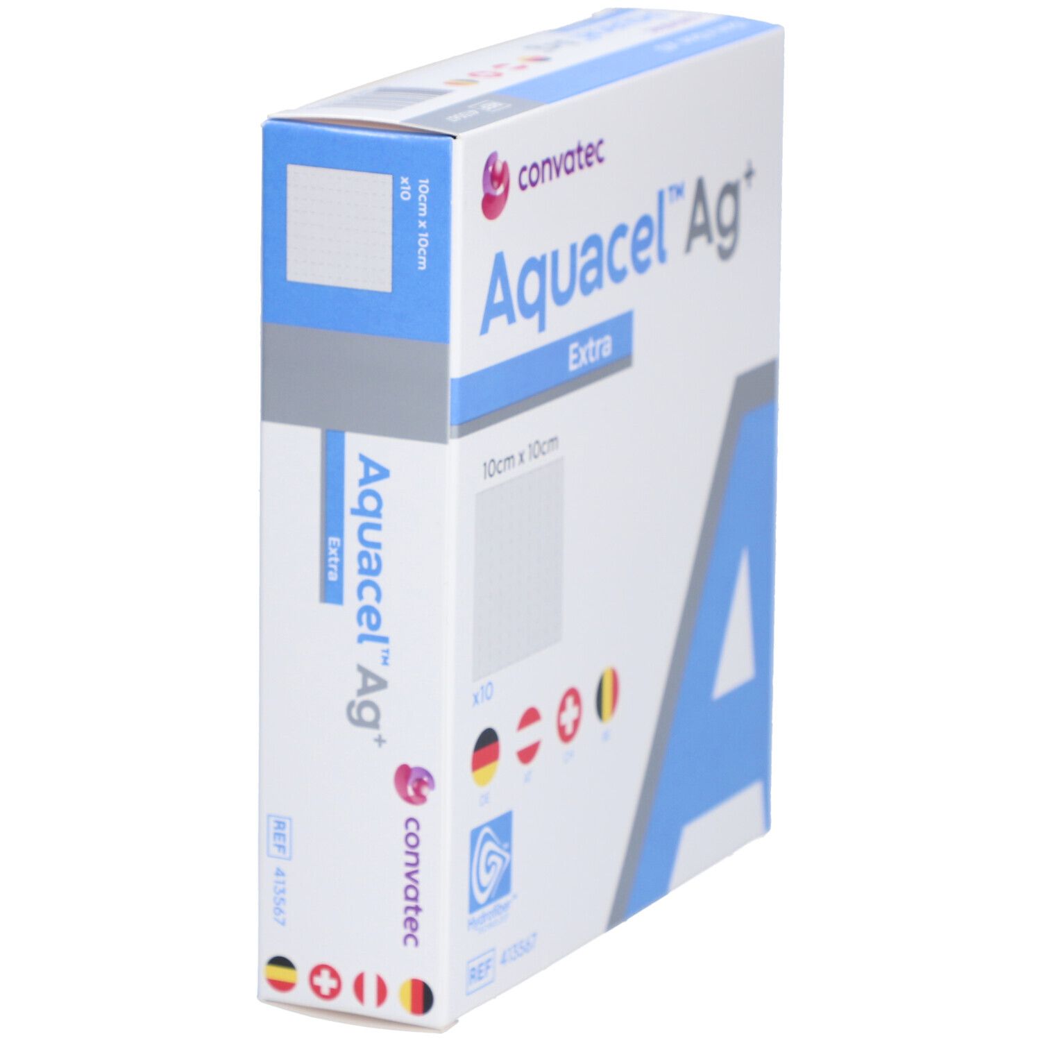 Aquacel™ Ag+ Extra™ Hydrofiber™ Verband-Verpackung. 10x10 cm. Zehn Stück. Logo und Länderflaggen.