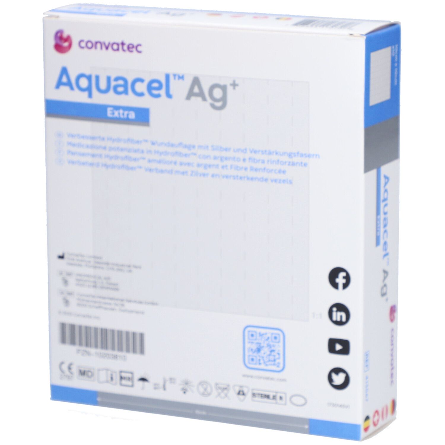 Verpackung von Aquacel™ Ag+ Extra™ Hydrofiber™ Verband. Produktinformationen und Logos.