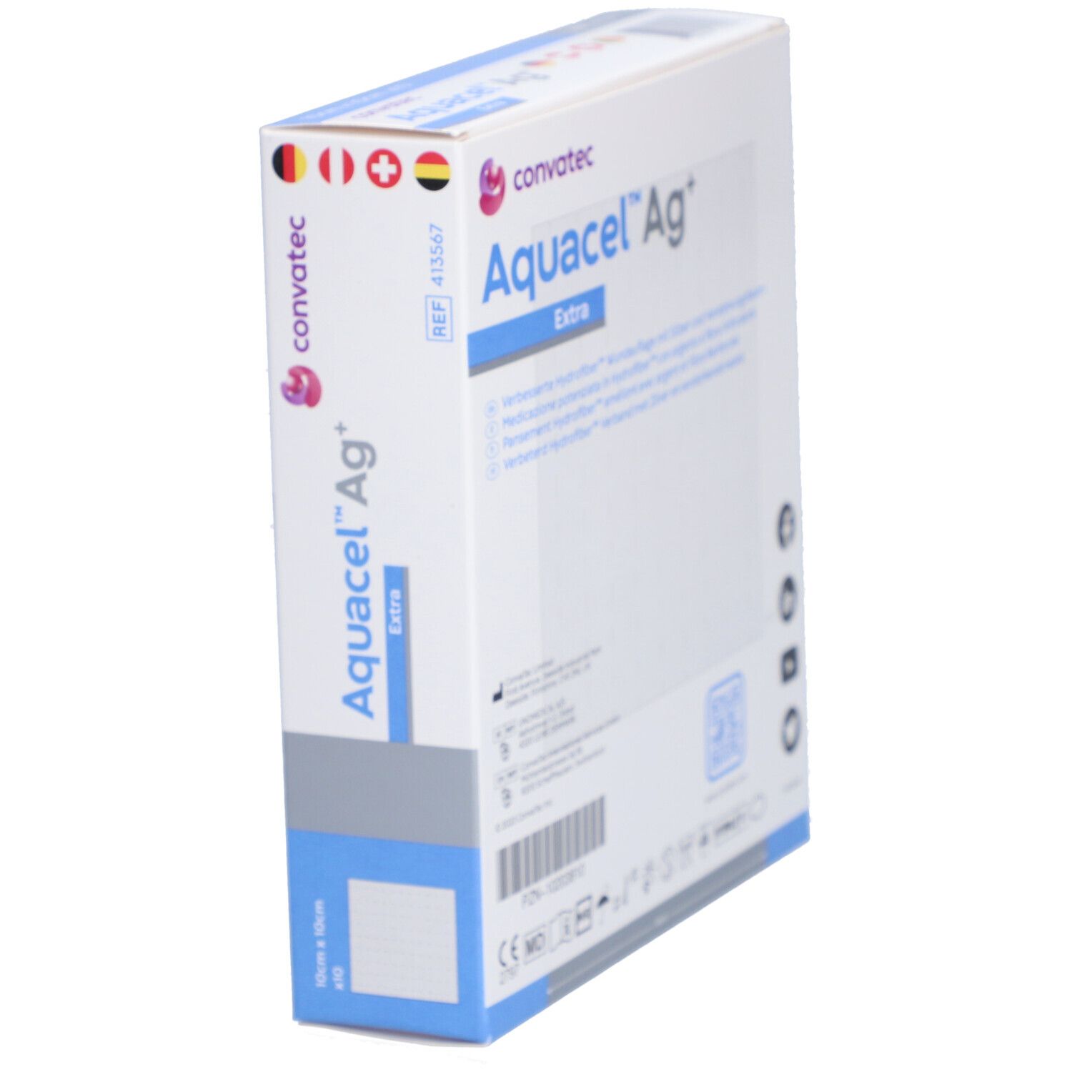 Aquacel™ Ag+ Extra™ Hydrofiber™ Verband-Verpackung. Logo, Produktname und Länderflaggen.