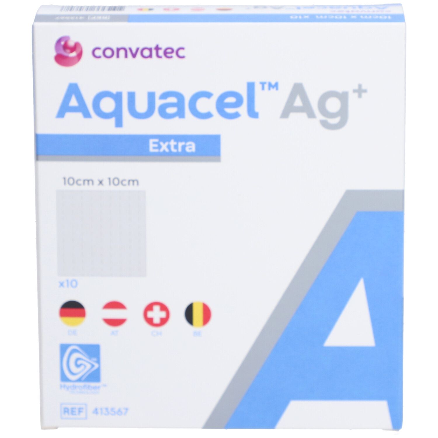 Verpackung von Aquacel™ Ag+ Extra™ Hydrofiber™ Verband. 10 x 10 cm. Zehn Stück. Logo und Länderflaggen.