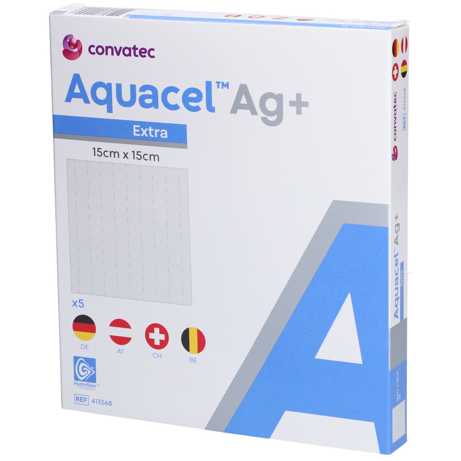 Verpakking Aquacel Ag+ Extra Hydrofiber Pansement 15x15cm. Logo en vlaggen.