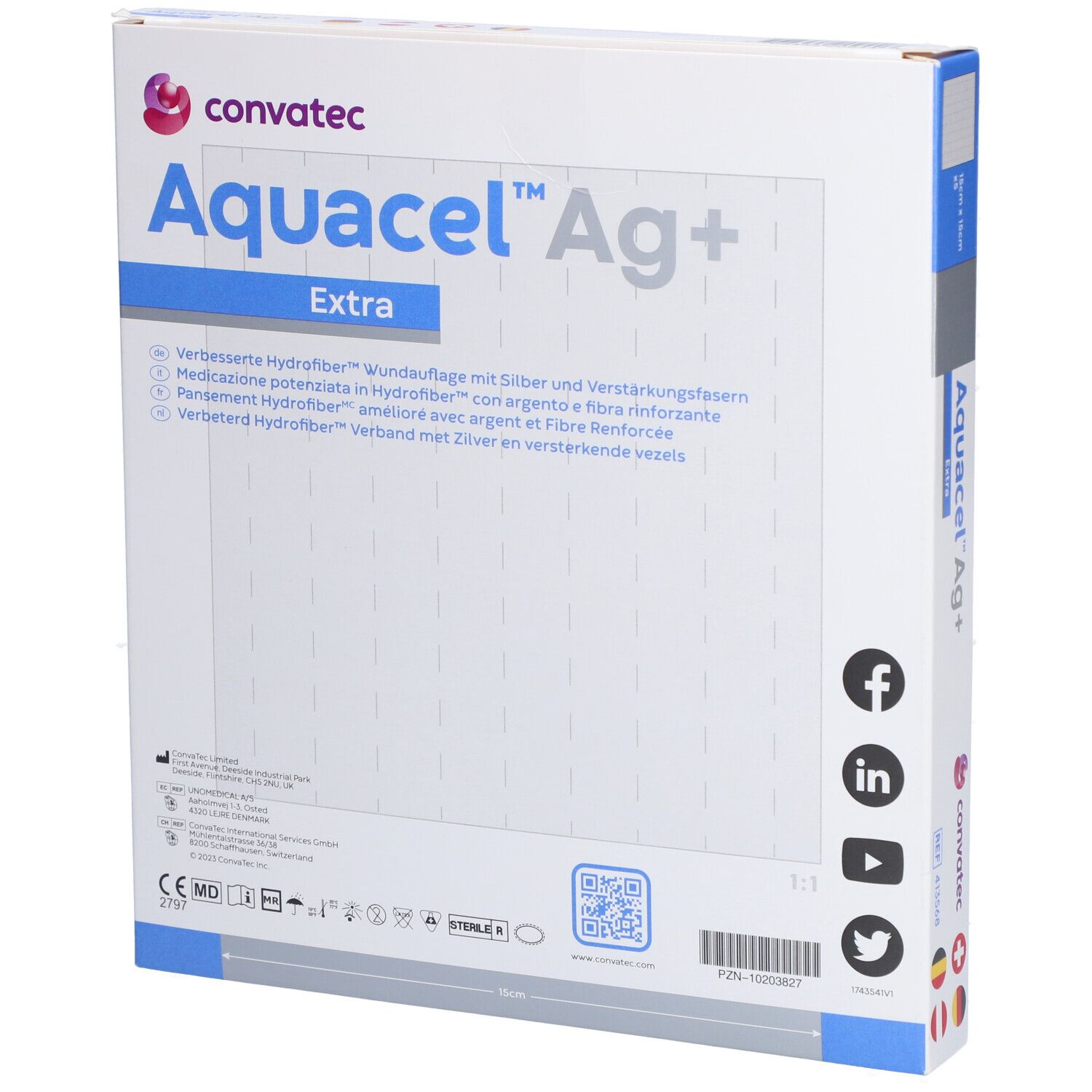 Achterkant verpakking Aquacel Ag+ Extra Hydrofiber Pansement. Tekst, logo's en QR-code.