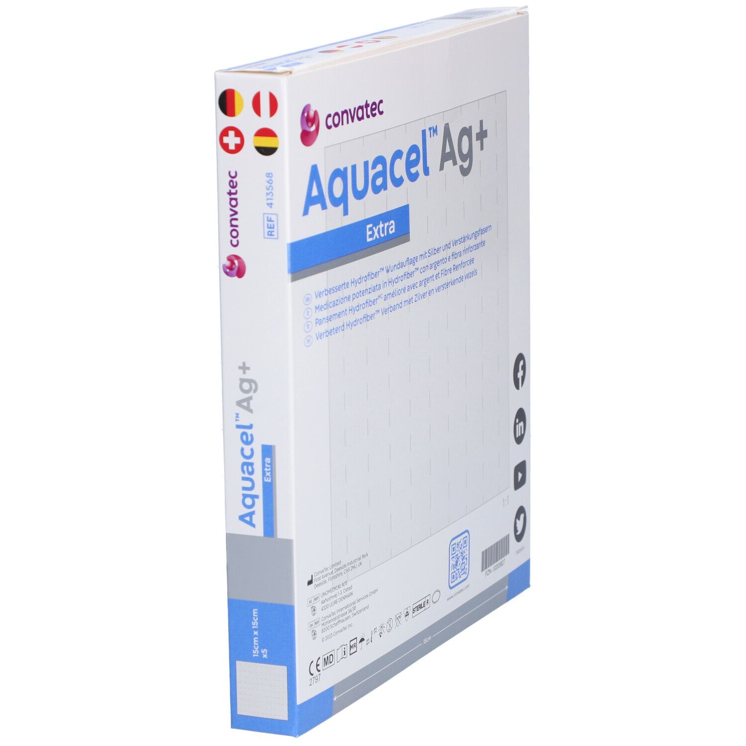 Zijkant verpakking Aquacel Ag+ Extra Hydrofiber Pansement. Tekst, logo's en vlaggen.