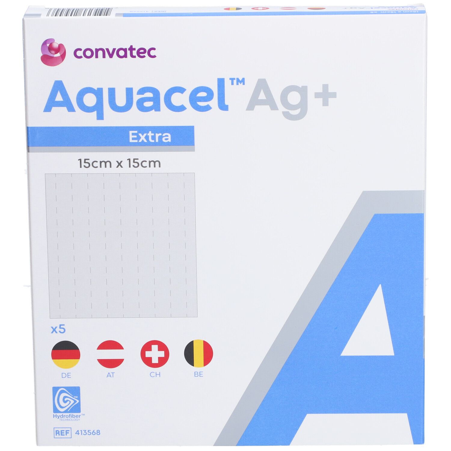Verpakking Aquacel Ag+ Extra Hydrofiber Pansement 15x15cm. Logo en vlaggen.