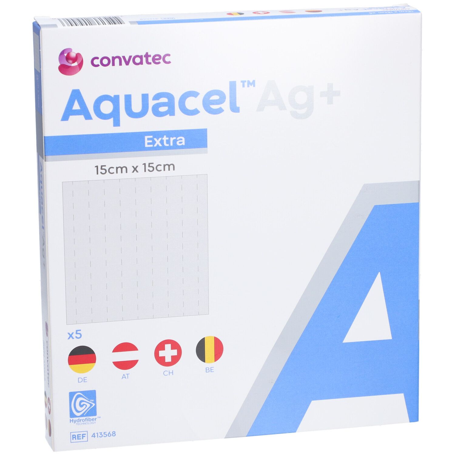 Verpakking Aquacel Ag+ Extra Hydrofiber Pansement 15x15cm. Logo en vlaggen.