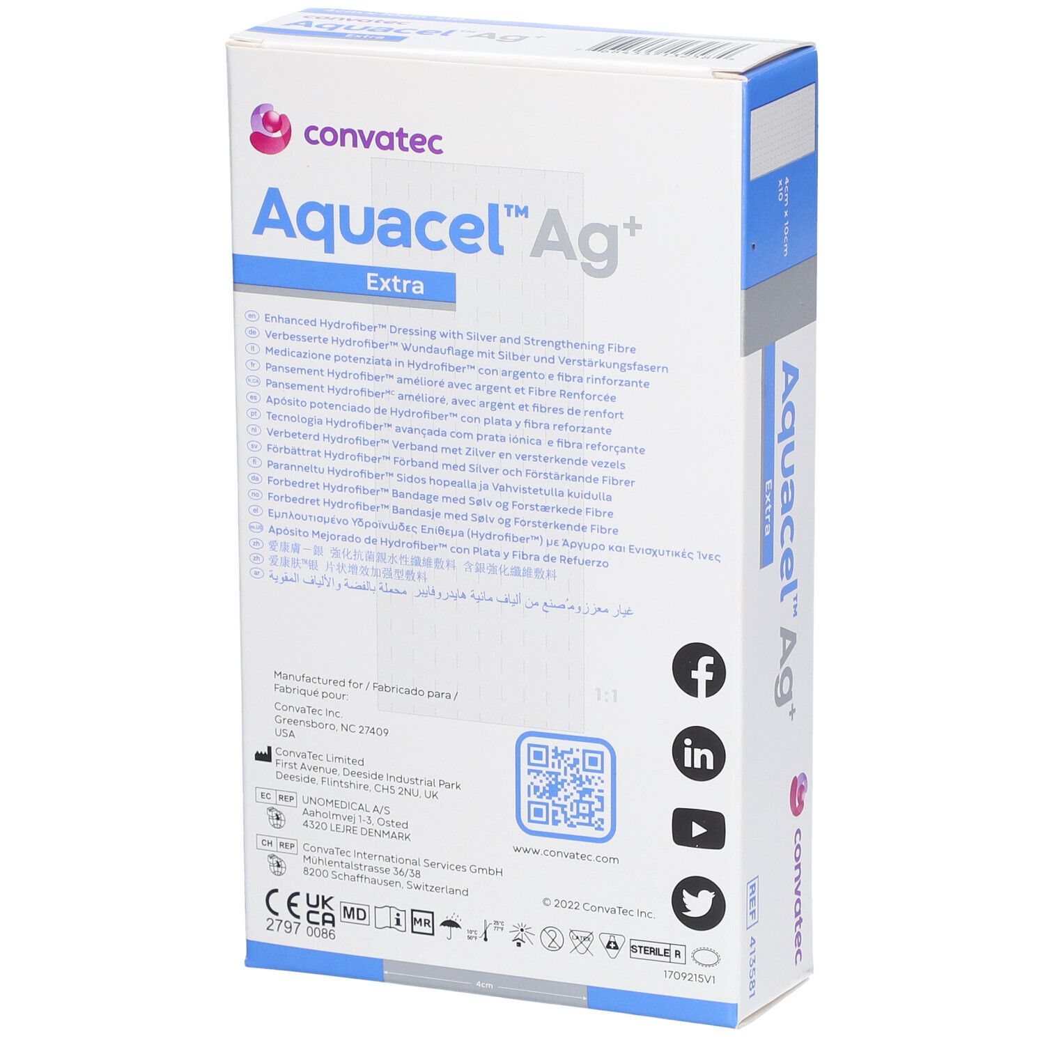 Achterkant van de verpakking. Productnaam, fabrikantinfo, QR-code en logo's.