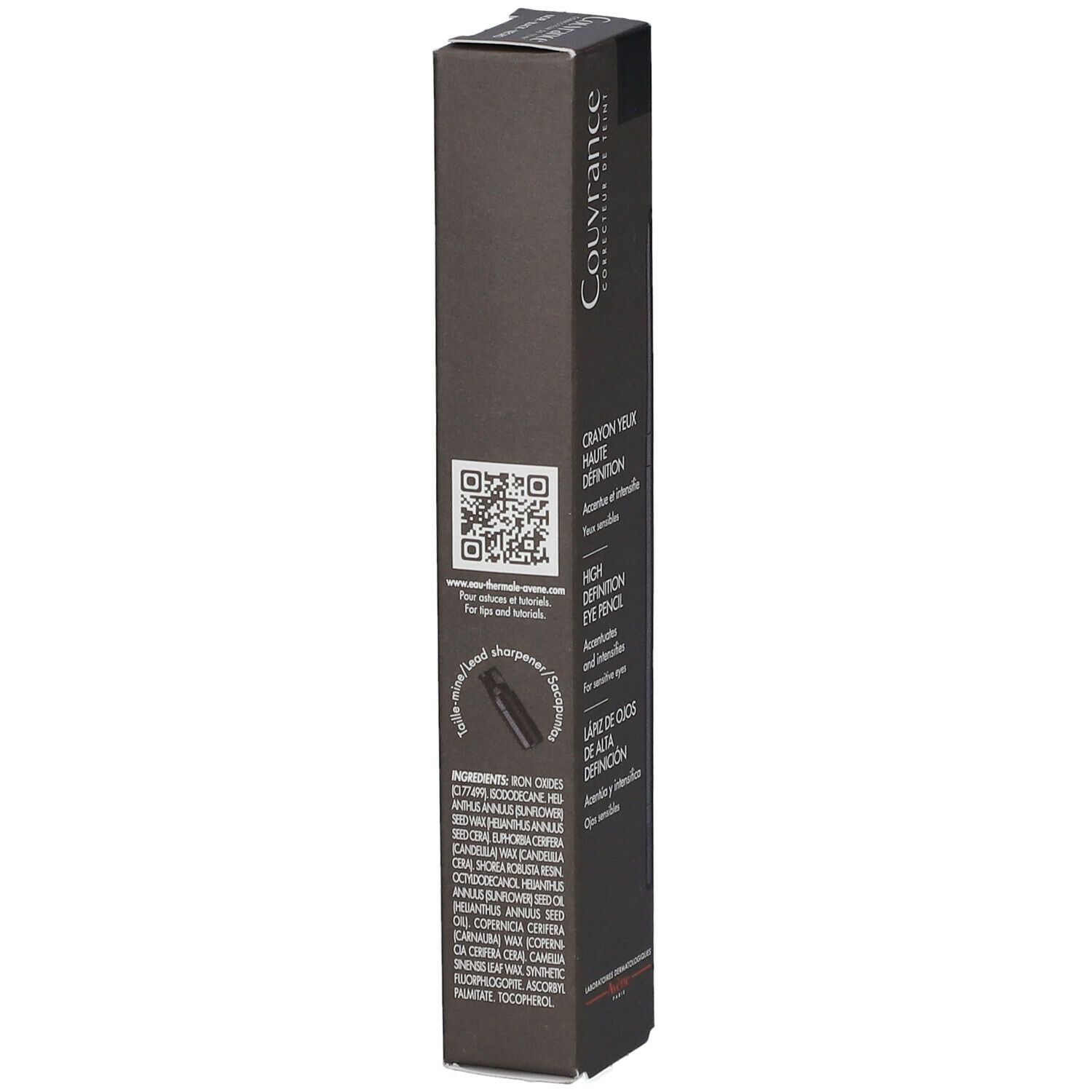 Verpackung des schwarzen Kajalstifts. Text: Couvrance, High Definition Eye Pencil, Zutatenliste, QR-Code.