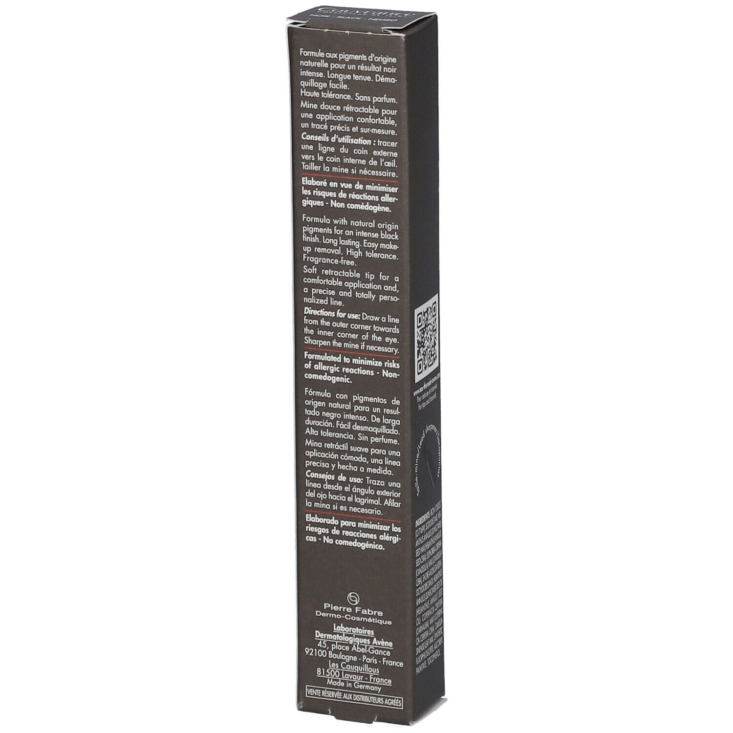 Rückseite der Kajalstift-Verpackung. Text: Formel mit natürlichen Pigmenten, Anwendungshinweise, Pierre Fabre.