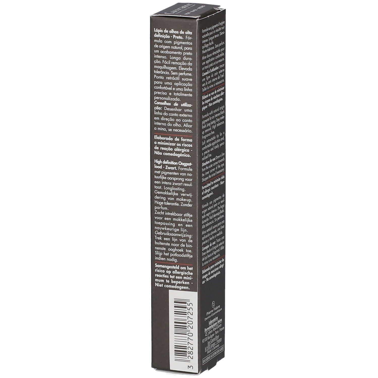 Seite der Kajalstift-Verpackung. Text: Lápiz de ojos de alta definición, High definition oogpotlood, Barcode.