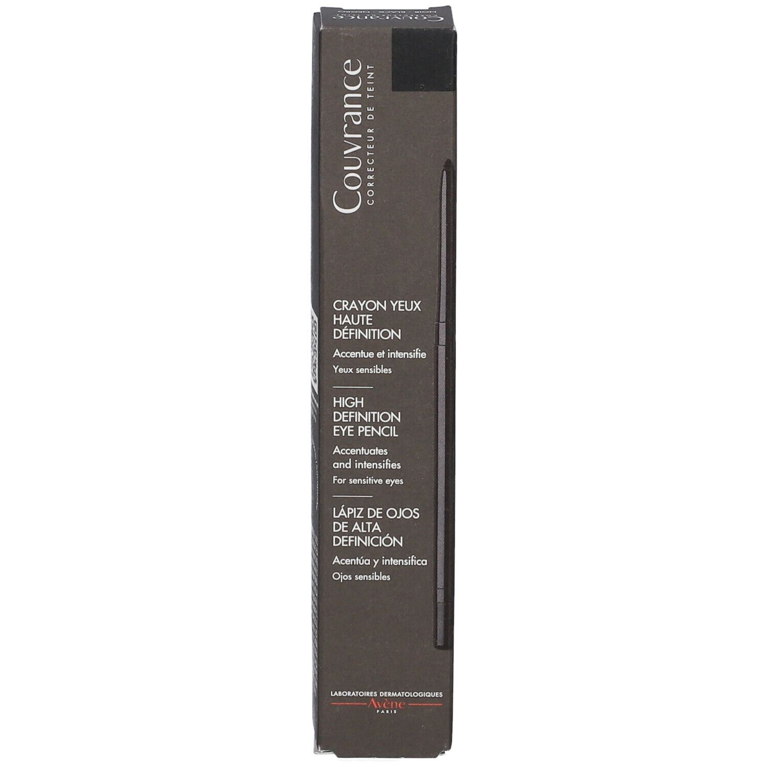 Schwarzer Kajalstift in Verpackung. Text: Couvrance, Crayon Yeux Haute Définition, High Definition Eye Pencil, Lápiz de Ojos de Alta Definición.