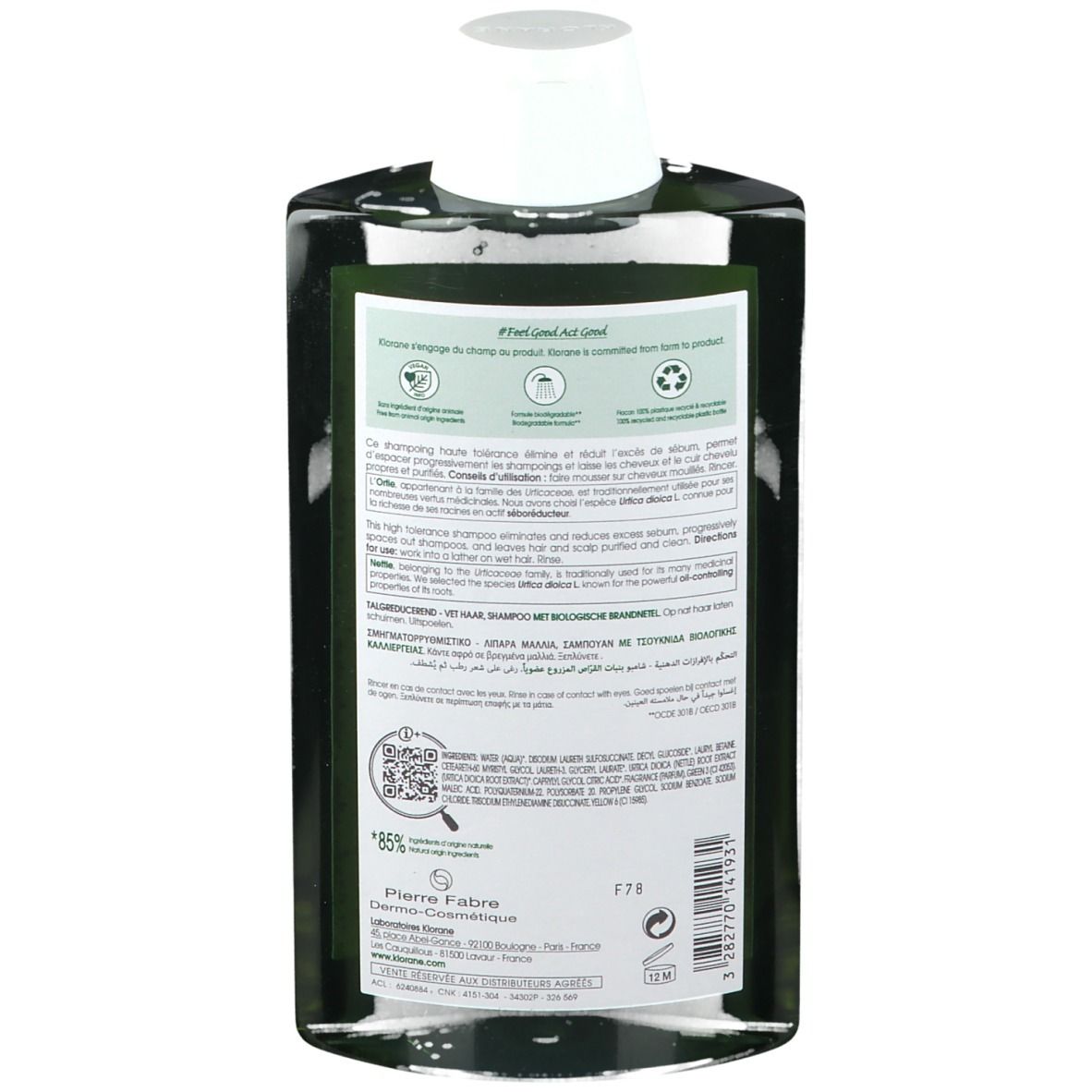 Dos du flacon de shampooing Klorane. Texte multilingue. Code QR et informations Pierre Fabre. Symboles de recyclage.